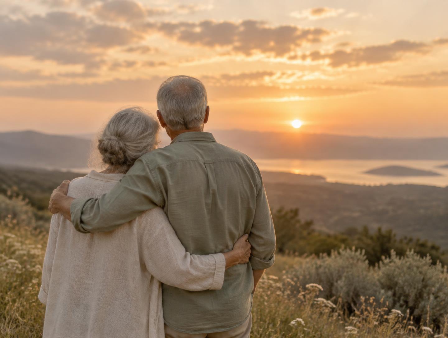 An older couple seen from behind, arms around each other, watching the sunset over a field